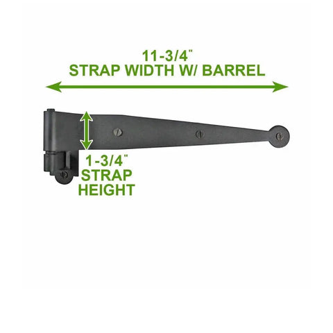 Pack Of 25 Black Wrought Iron Offset Pintle Strap Hinges For 11.75 Inch Shutter and Gate with measurements labeled