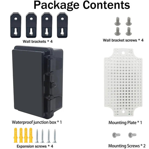 IP67 Waterproof Junction Box with Hinged Black Cover, mounting plate, wall brackets, screws, and expansion screws