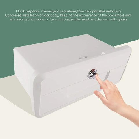 Front view of a white plastic lockable boat glove box console for pontoon yacht with chrome turn lock