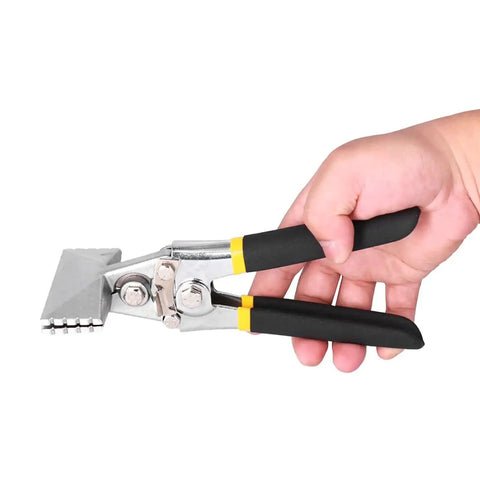 Hand holding Heavy Duty Hand Seamer Pliers For Plate Metals And Conduits with vanadium steel construction and rubber handles.