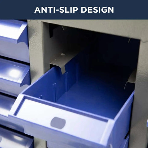 Close-up of 100 Drawer Tool Storage Cabinet For Bolt And Nut Organization with Pro Grade Durable ABS Drawers, showing open drawer.