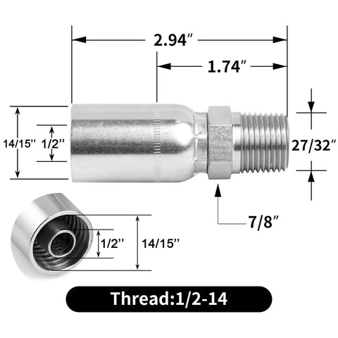 Diagram of 12 Pack 1/2 Inch Hose To 1/2 Inch NPTF Male Hydraulic Crimp Fittings in carbon steel with detailed measurements.