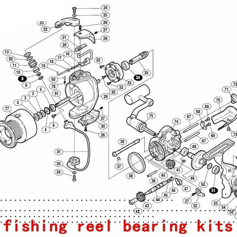 Exploded view diagram of a fishing reel with Three Piece Fishing Reel Bearing Kit For Shimano Ultegra 3000 4000 5000 Models.
