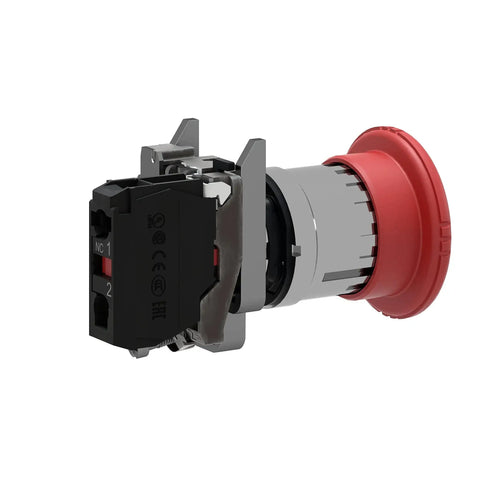 Side view of Harmony XB4 Emergency Stop Push Button Switch with 40mm red mushroom head, chromium bezel, for 22mm panel cutouts by Schneider Electric.