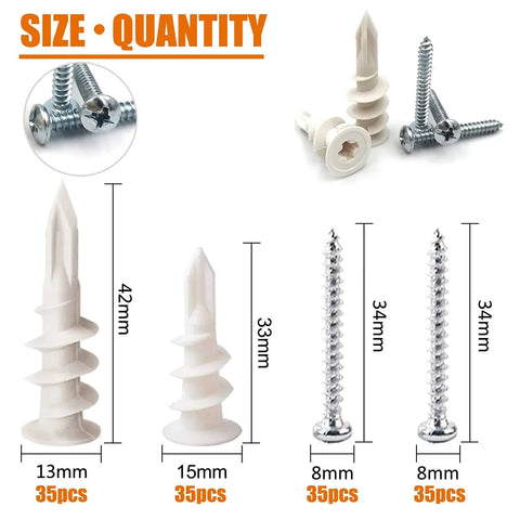 Plastic Drywall Anchors and Screws Kit 140 Pieces for self drilling hollow walls, includes 70 anchors in 13x42mm and 70 screws in 15x33mm