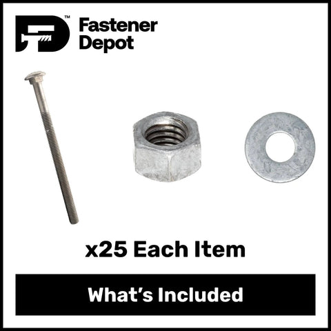 Five Eighth Inch Carriage Bolt Kit For Exterior Use, Hot Dipped Galvanized, includes bolt, hex nut, and washer