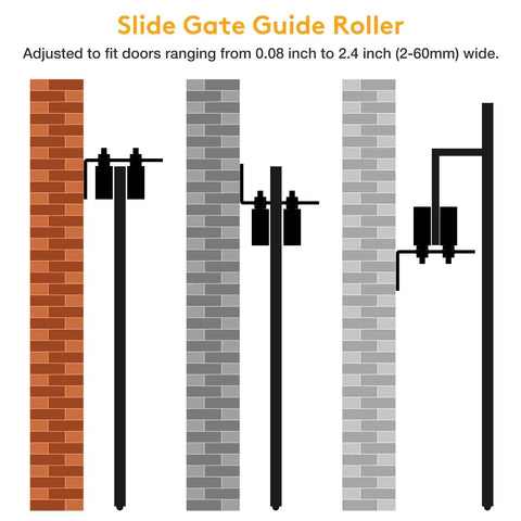 Universal Adjustable Heavy Duty Sliding Gate Rollers Kit With L Shaped Brackets on brick and concrete walls illustration.