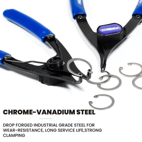 Two blue-handled pliers holding snap rings, part of a 12 Piece Snap Ring Pliers Set Heavy Duty Internal External Convertible Fixed Tip Pliers
