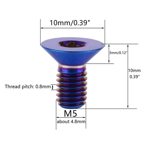 Beefy Titanium Torx Bolts M5x10mm Countersunk Flat Head Fully Threaded Burnt Blue Finish Grade 5 Ti 6Al 4V Alloy