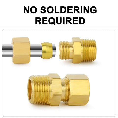 Brass Compression Tube Fitting 1/2 Inch OD x 1/2 Inch NPT Male Compression Union Connector 5 Pack shown in gold color, no soldering required.