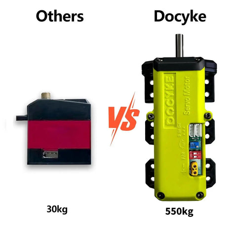 Docyke 550kg high-torque RC servo motor with yellow metal housing and output shaft, shown beside a 30kg hobby servo.