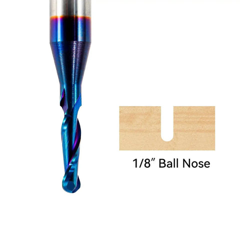 Pro Grade Carbide Ball Nose End Mill For CNC Routers With Nano Blue Coating One Quarter Inch Shank One Eighth Inch Cutting Diameter Two Flute Spiral