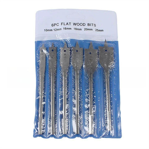 Six Piece Spade Drill Bit Set With Quick Change Hex Shank For Woodworking, Sizes Three Eighths To One Inch, Flat Paddle Bits