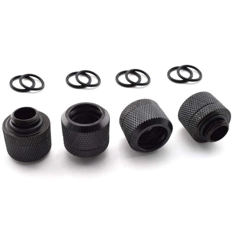 Four black knurled G1/4 to 10mm ID 14mm OD tubing compression fittings with O-rings for metal and PETG tubes
