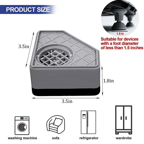 Front view of 4-pack anti-vibration pads for washing machines; gray 3.5in square base, 1.8in tall