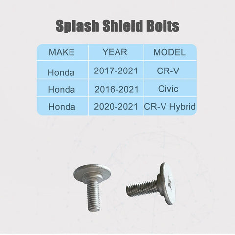 Splash shield bolts for Honda CR-V and Civic shown with compatibility chart