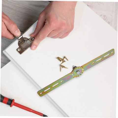 Hands installing Adjustable Angle Hinge For Bed Sofa And Cupboard By Alipis Beefy Heavy Duty Auto Reset with screws on a white board