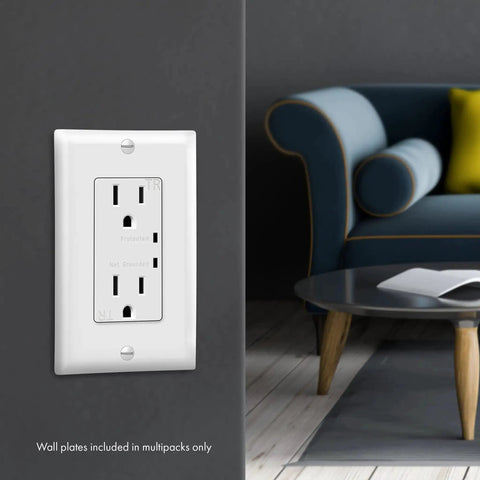 Surge Protector Receptacle With Grounding Indicator And Tamper Resistant Safety, 900 Joule Rating With Up To 1500 Joules Surge Protection installed in a living room.