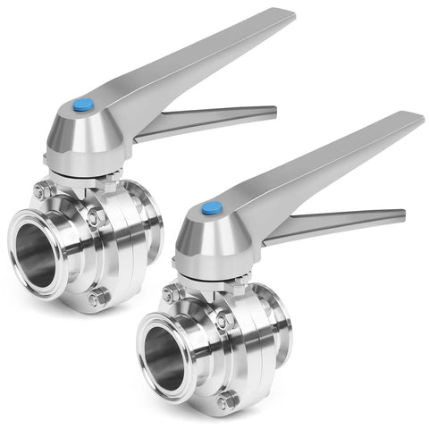 Two 1.5-inch tri-clamp butterfly valves in polished 304 stainless steel with blue trigger caps, front-angle view.