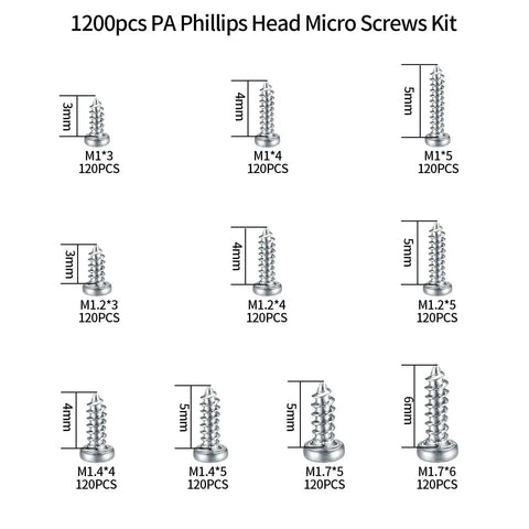 1200 Pcs Mini Screw Kit with sizes M1 M1.2 M1.4 M1.7, nickel plated, showcasing micro Phillips head pan screws for electronics, sunglasses, watches.