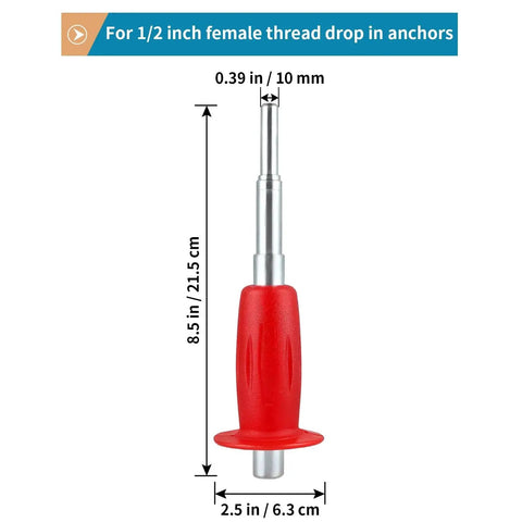 Large Drop In Anchor Hand Setting Tool With Handle For Half Inch Female Thread Drop In Anchors Made From Galvanized Carbon Steel Rustproof And Wear Resistant With An Extra Large 8.5 By 2.5 Inch Body And A Comfortable Plastic Handle For Easy Setup