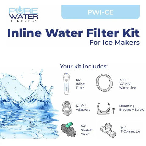 PureWater Inline Water Filter Kit for Ice Makers; includes 1/4-in fittings, adapters, T-connector, shutoff valve, bracket