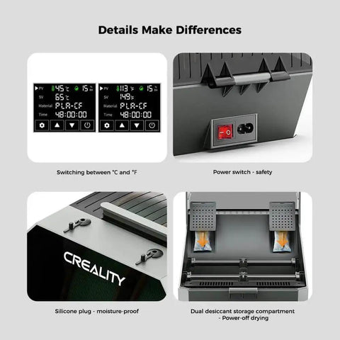 Space Pi Filament Dryer Plus with heat control, LCD touch screen, power switch, silicone plug, desiccant storage for two printers.
