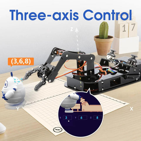ACEBOTT 4 DOF ESP32 robotic arm kit, black metal frame with wiring on a desk beside a white spherical robot and mat.