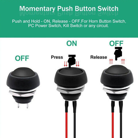 12mm Momentary Push Button Switch On Off Mini Round Waterproof Black With Pre Soldered Wires demonstration