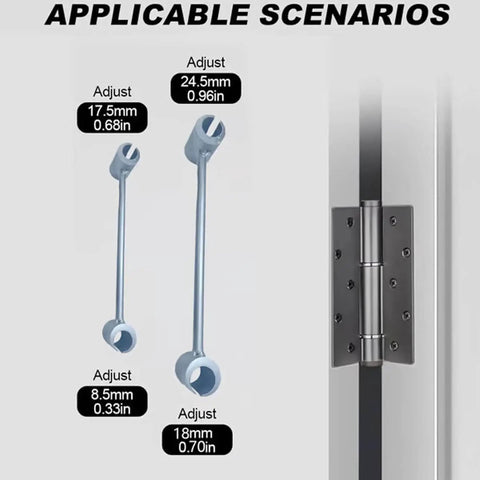 Door Hinge Repair Kit 14 to 25mm Alignment and Adjustment Tool for Sagging, Sticking, and Misaligned Doors displayed with sizes.