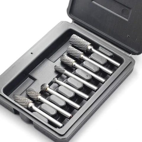 Eight Piece Double Cut Carbide Burr Set With One Quarter Inch Shank For Die Grinder And Rotary Tools Ideal For Metal Wood Carving Engraving Polishing Drilling Includes Eight High Performance Tungsten Carbide Burrs By YUFUTOL in case