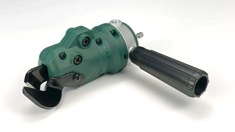 Side view of Snapper Shear Drill Attachment for sheet metal cutting, cuts up to 18 gauge galvanized steel, aluminum, and copper.