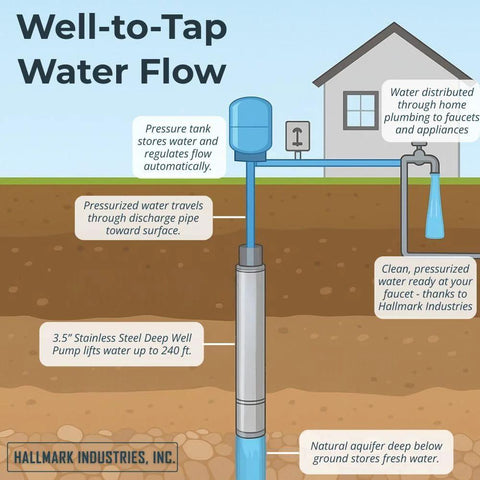 Hallmark MA0414X-7 deep well submersible pump diagram; stainless steel housing with blue pressure tank and home plumbing