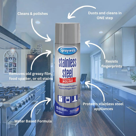 Stainless steel cleaner spray by Sprayway, 15 oz; water-based formula cleans, polishes and resists fingerprints.
