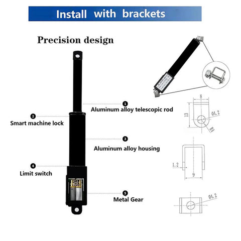 Diagram of 12V Mini Linear Actuator with 30mm stroke, aluminum body, showing design features like telescopic rod and limit switch.