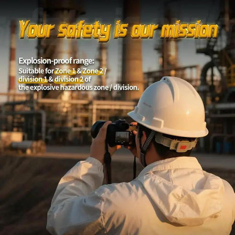 Industrial worker using Industrial 4K 72MP Intrinsically Safe Camera With IP54 Explosion Proof Zone 1 Rating at a chemical plant