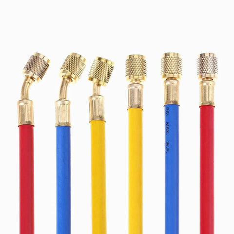 ANTFEES AC charging hoses set, six red, blue, and yellow hoses with knurled brass fittings for HVAC gauges.