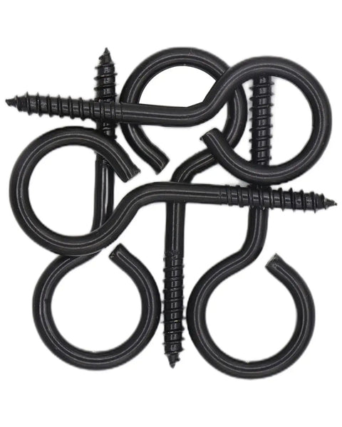 Top view of 10 black Two and a Half Inch Black Screw Eyes for Wood and Cable, 304 Stainless Steel Eye Bolts Number 11, close-up.