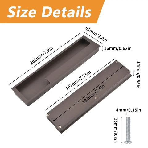 Zinc Alloy Flush Pull Handles Set Of 2 For Sliding Doors And Drawers, size details with dimensions and screws