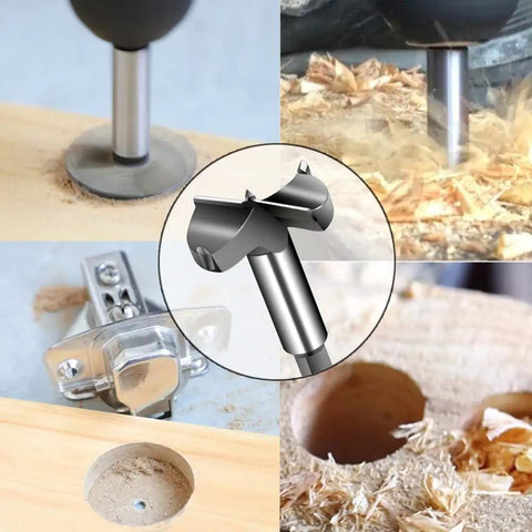 3-1/4 Inch Carbide Tipped Forstner Drill Bit for hard wood with clean flat bottom holes shown in various woodworking uses