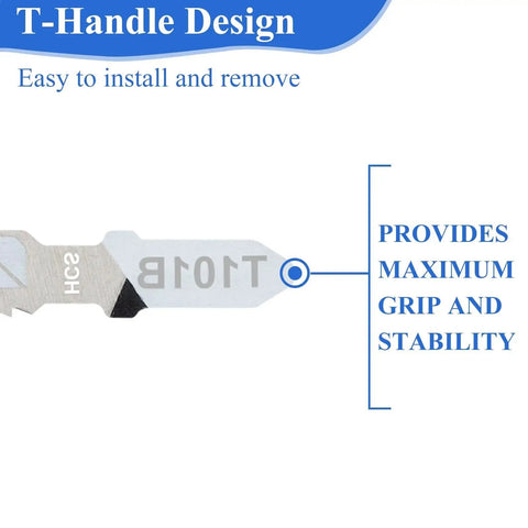 T101B jigsaw blade from 10 Piece Jigsaw Blades Set With T Shank For Wood Metal And Plastic Cutting, easy to install T-handle design.
