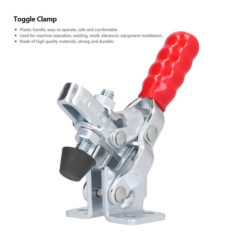 Heavy Duty Quick Release Vertical Toggle Clamp With 150kg Capacity Pro Grade Hold Down Fixture For Woodworking Jigs And Fixtures Welding Drill Press DIY Friendly Projects Sturdy Iron Construction And Ergonomic Handle with red grip, shown from side view.