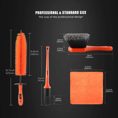 Ergonomic Wheel And Tire Detailing Kit With Easy Reach Rim Brush 5 Detailing Brushes And Microfiber Cloth Short Handle Cleaning Tools