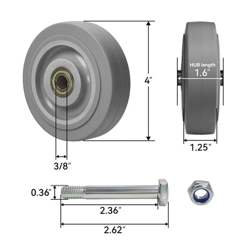 4 Inch Caster Wheel Set For Cart And Furniture, Three Eighths Inch Bore, Nonmarking Thermoplastic Rubber Wheel Tread Bonded To Polyolefin Core