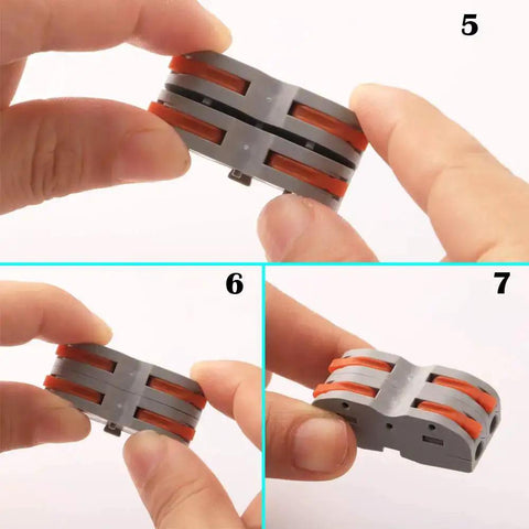 Close-up of hands holding SPL-1 Compact Wire Connectors With Lever, Double-Sided Electrical Terminal Blocks, nylon PA66, tin-plated conductor