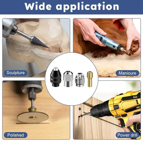 Drill Chuck Collet Set For Dremel Tools, 28 Piece Kit shown in use for sculpture, manicure, polishing, and drilling applications.