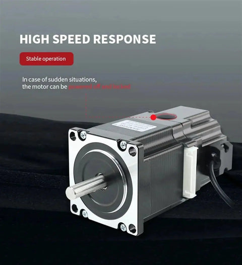 Front view of a 4-lead NEMA 23 stepper motor with silver mounting flange and exposed aluminum shaft