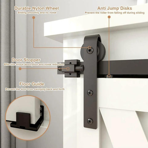 4Ft Sliding Barn Door Hardware Kit installation featuring J shaped hanger, nylon wheel, door stopper, and floor guide on cabinet.
