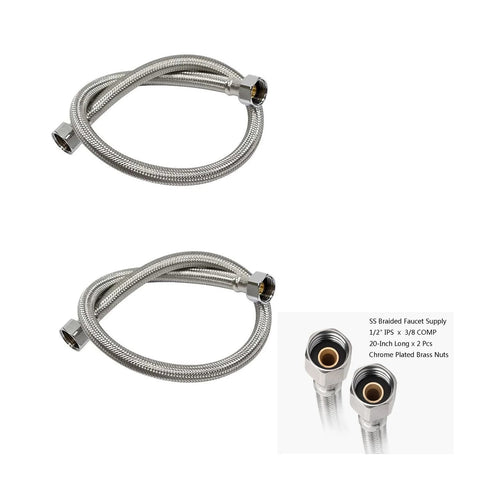 Braided stainless faucet supply hose, 20 in, 1/2 IPS to 3/8 compression, chrome-plated brass nuts, 2-pack