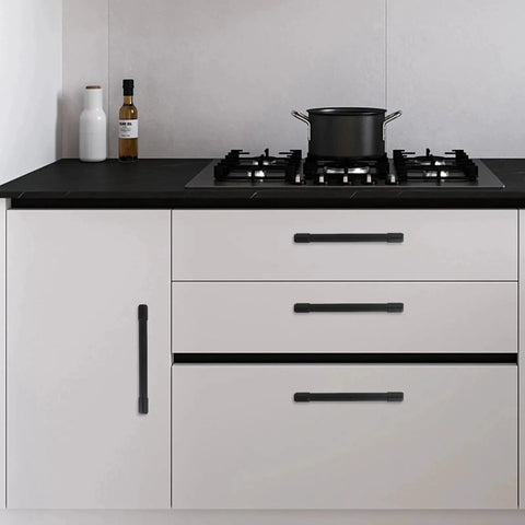 Modern kitchen with 10 Pack 5 Inch Matte Black Cabinet Handles For Kitchen Cabinets And Drawers Alloy Drawer Pulls Solid Cabinet Hardware installed